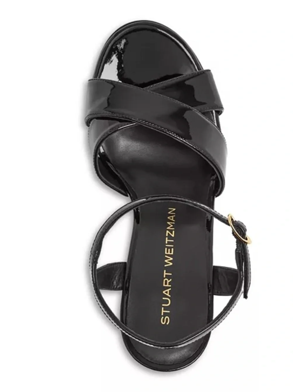Stuart Weitzman Black Patent Platform Block Heel Sandal with Gold Buckle